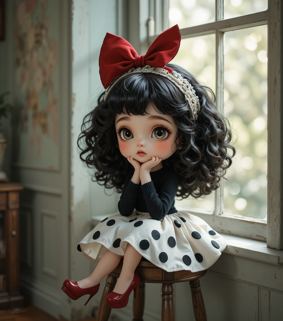 Whimsical girl on stool by a sunlit window