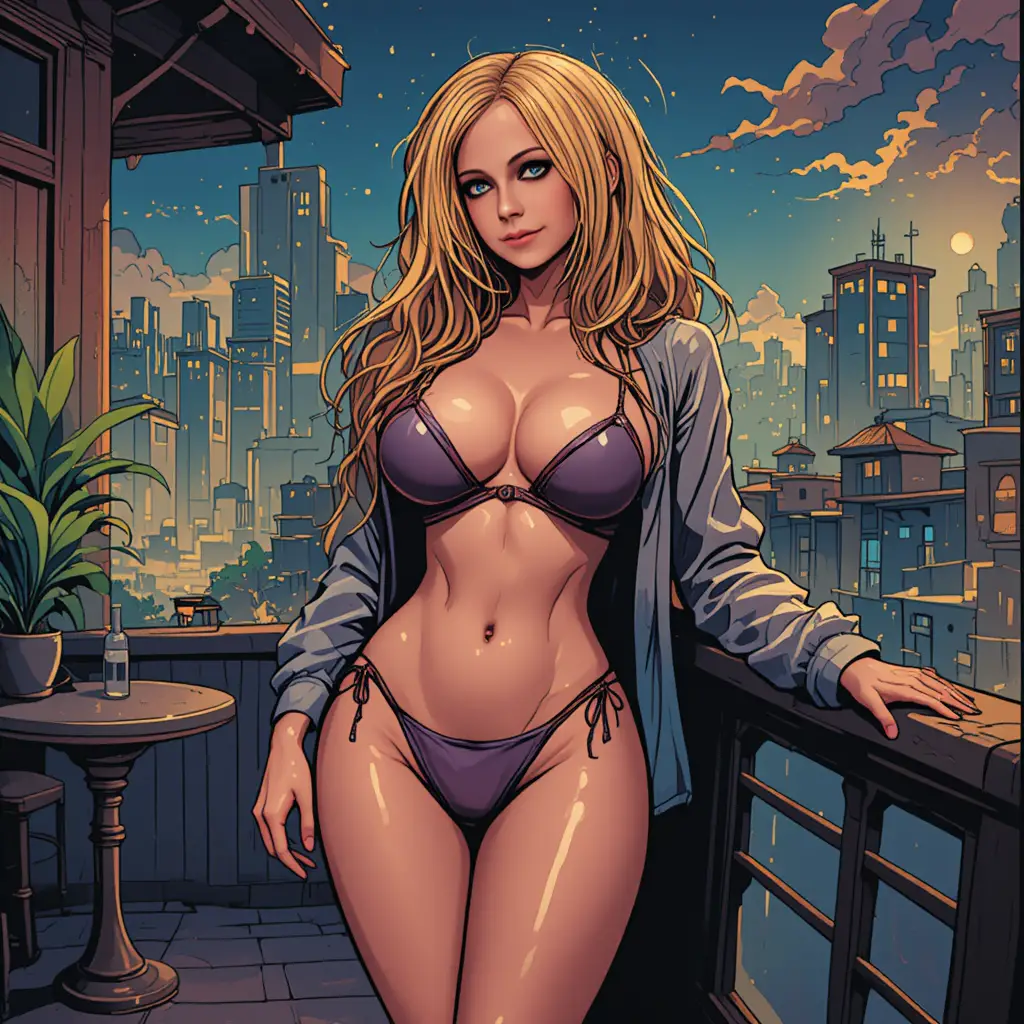 Sultry woman in bikini on a sunny city terrace