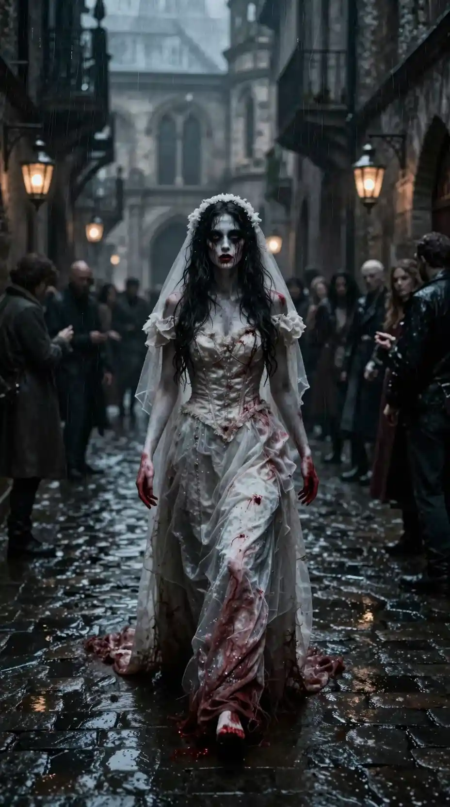 Ghostly bride walking through a flooded city alley