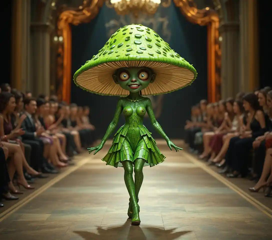 Playful durian mushroom strutting in high heels on runway