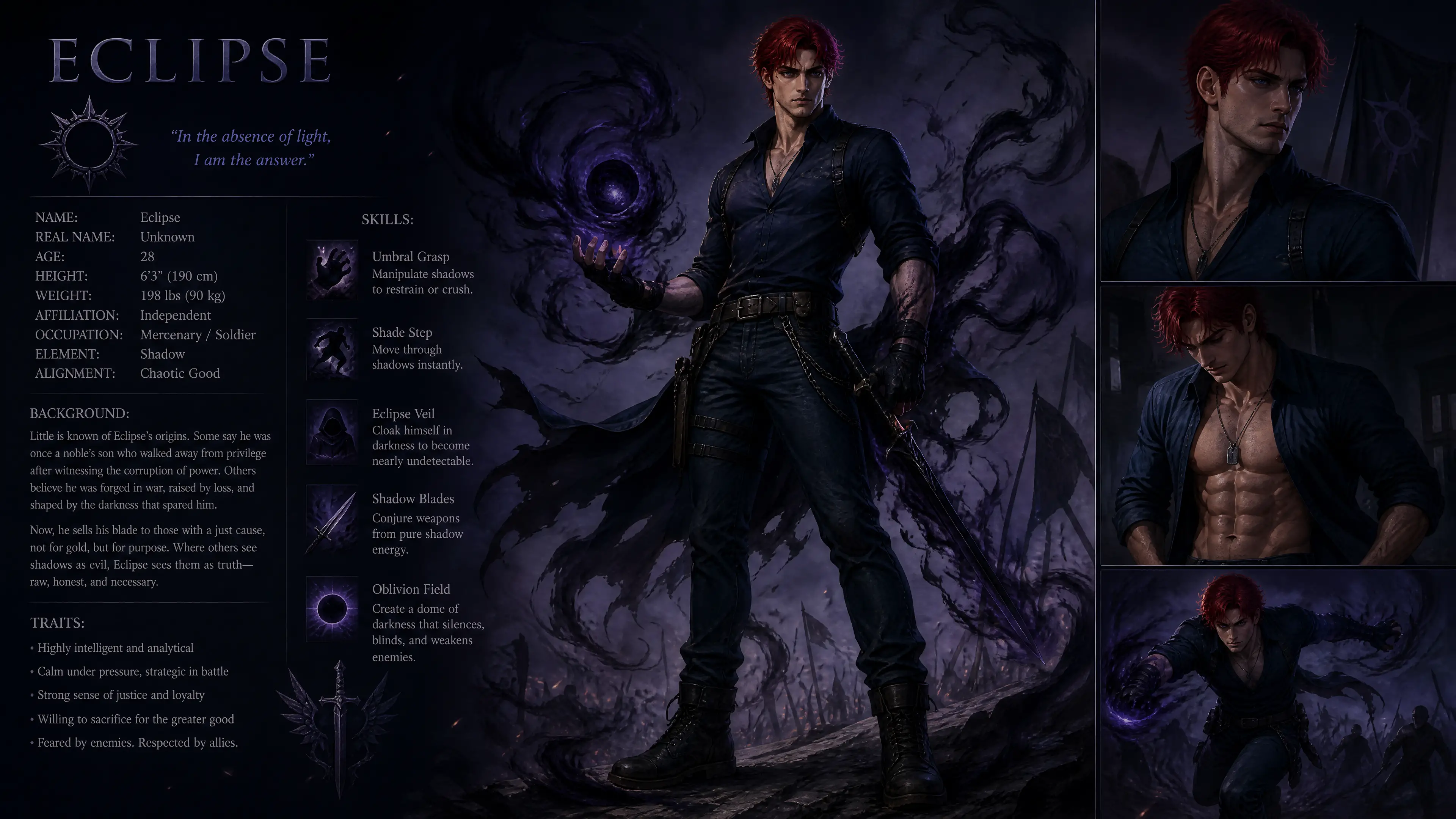 Red haired warrior man with shadow magic in casual clothes