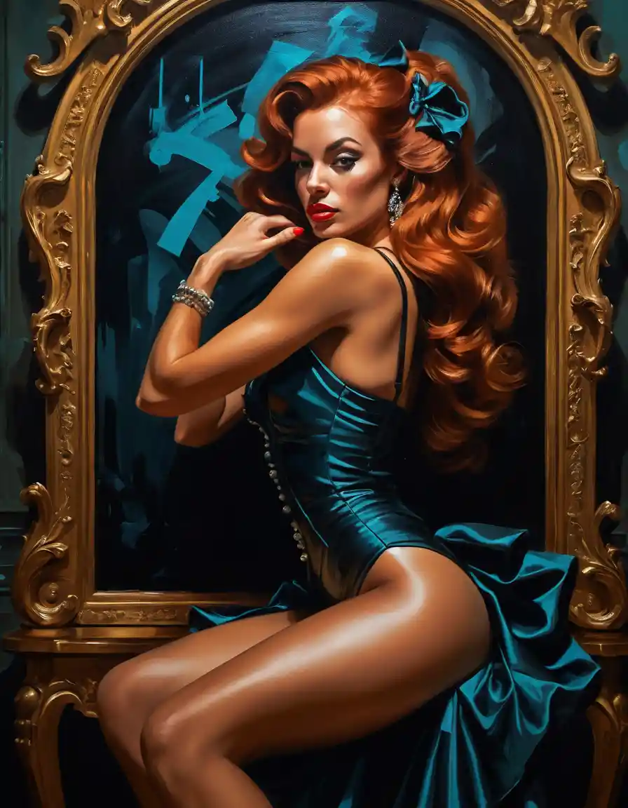 Sensual redhead pinup in baroque inspired haute couture