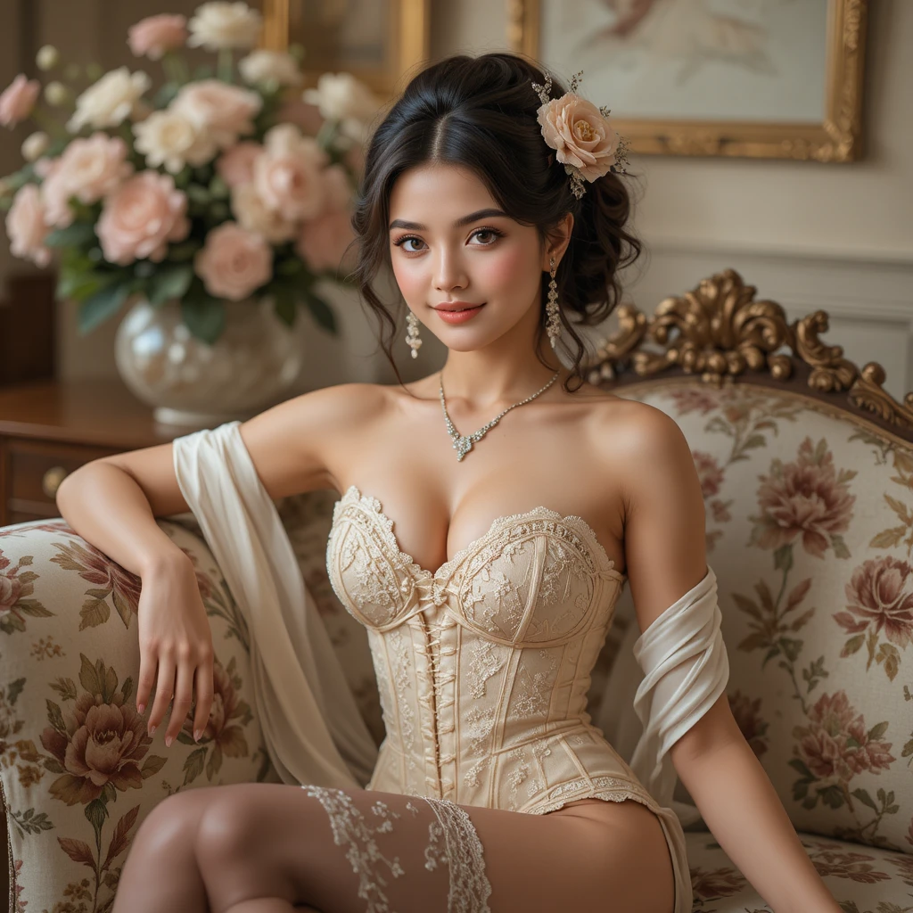 Donna elegante in lingerie di pizzo su divano floreale vintage