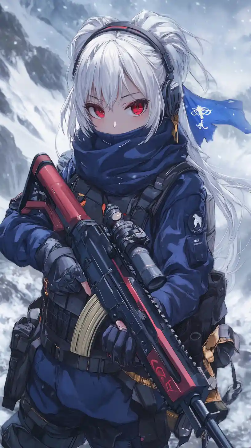 Anime girl with rifle in long coat and bun hairstyle