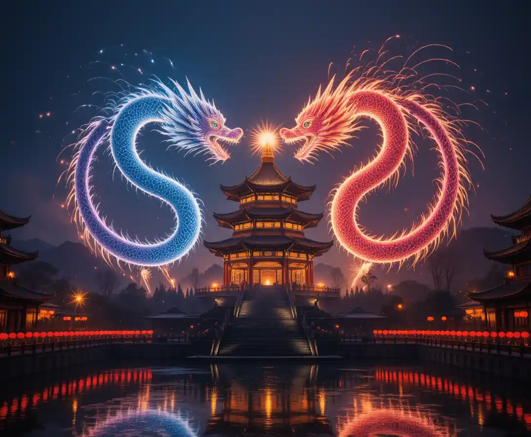 Firework dragons swirling above lantern lit temple and lake