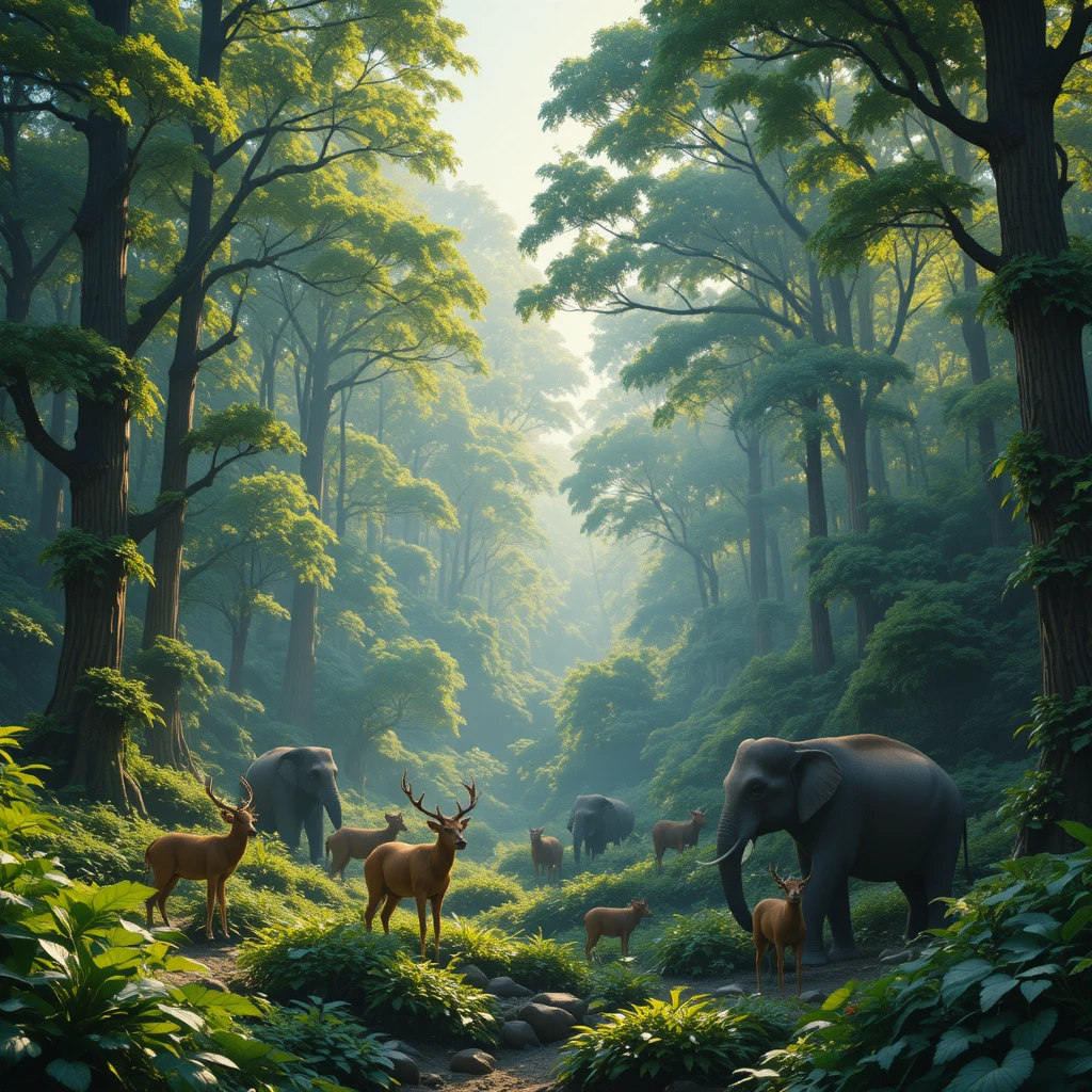 Peaceful wildlife in a lush green forest at sunrise
