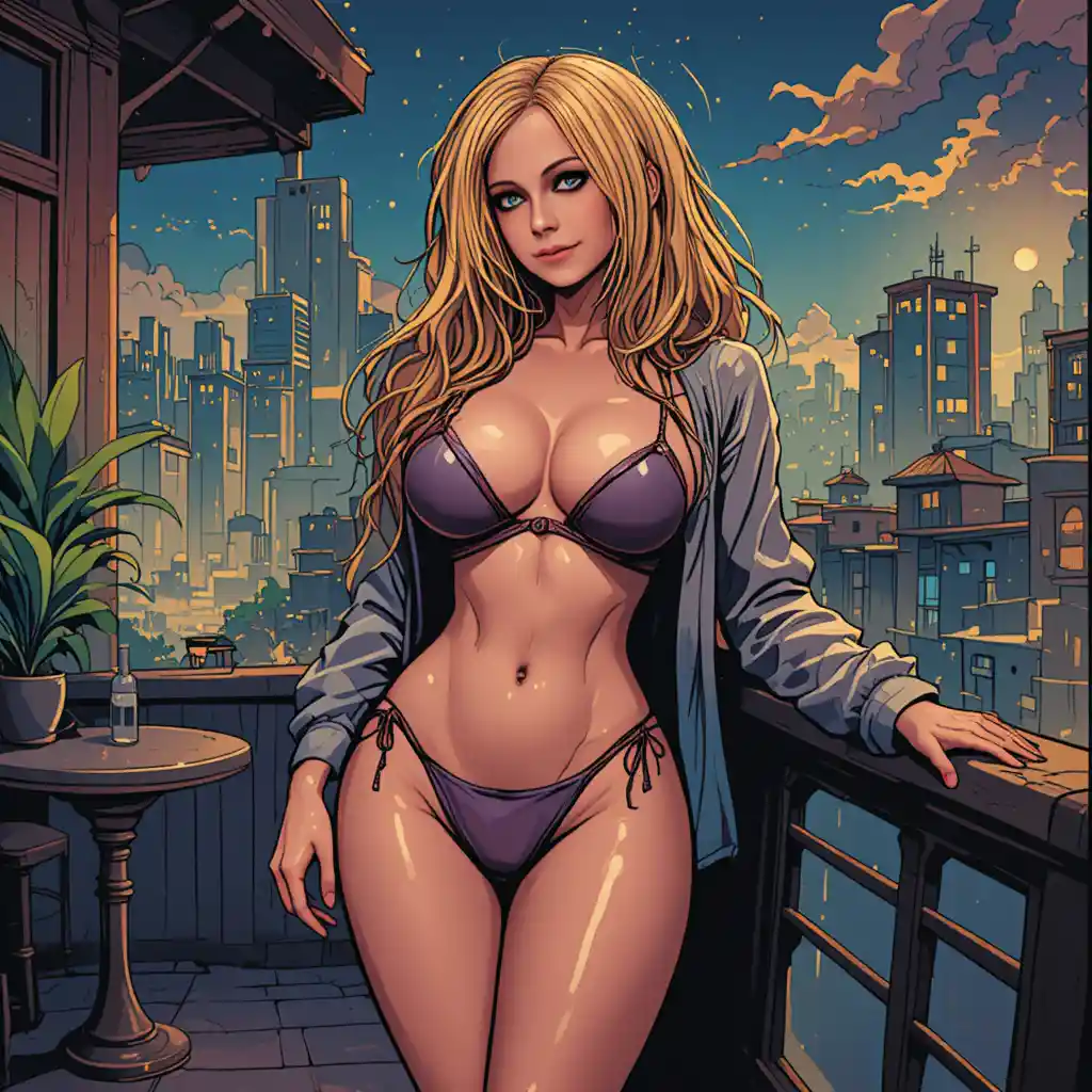 Sultry woman in bikini on a sunny city terrace