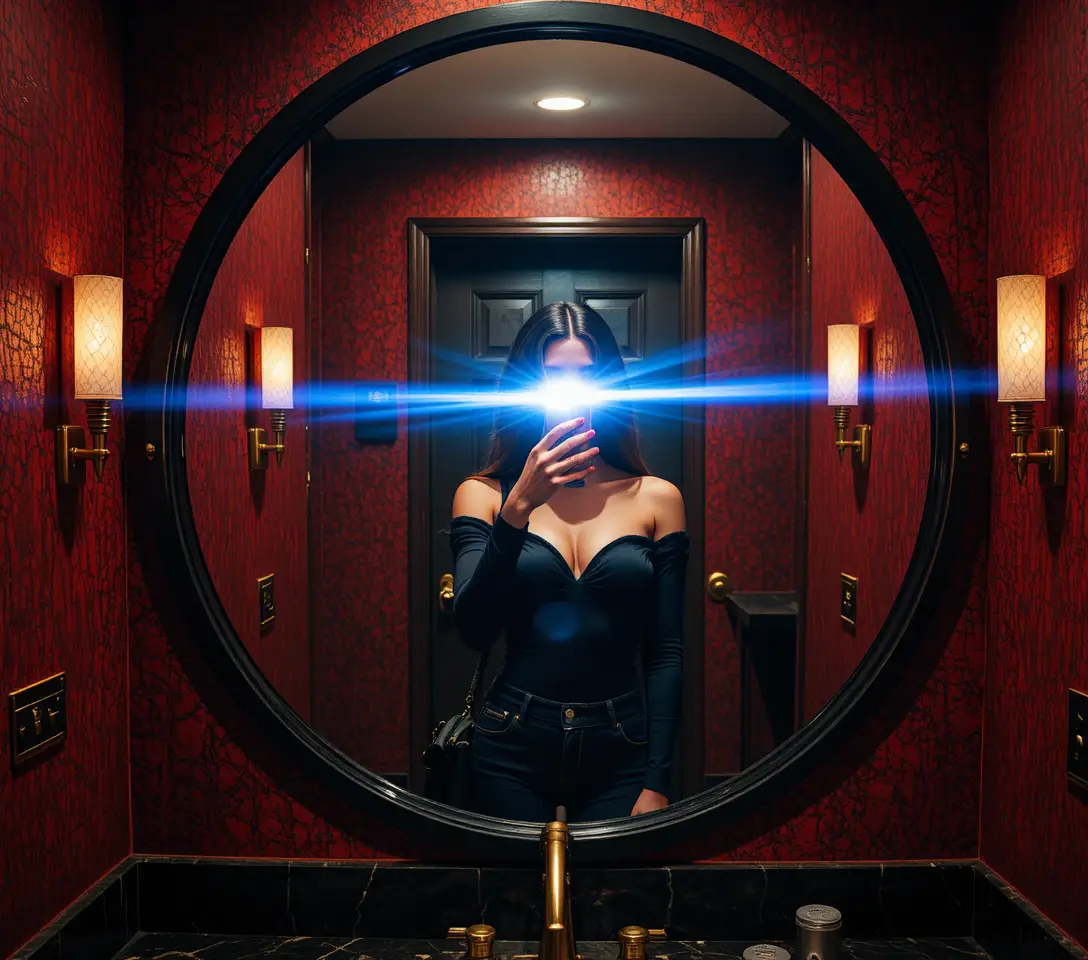 Woman mirror selfie in moody upscale restroom with flash