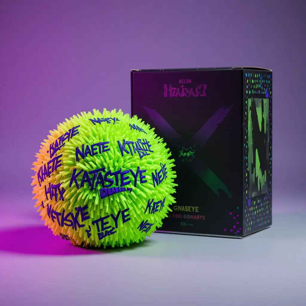 Neon green fuzzy stress ball toy with branded packaging