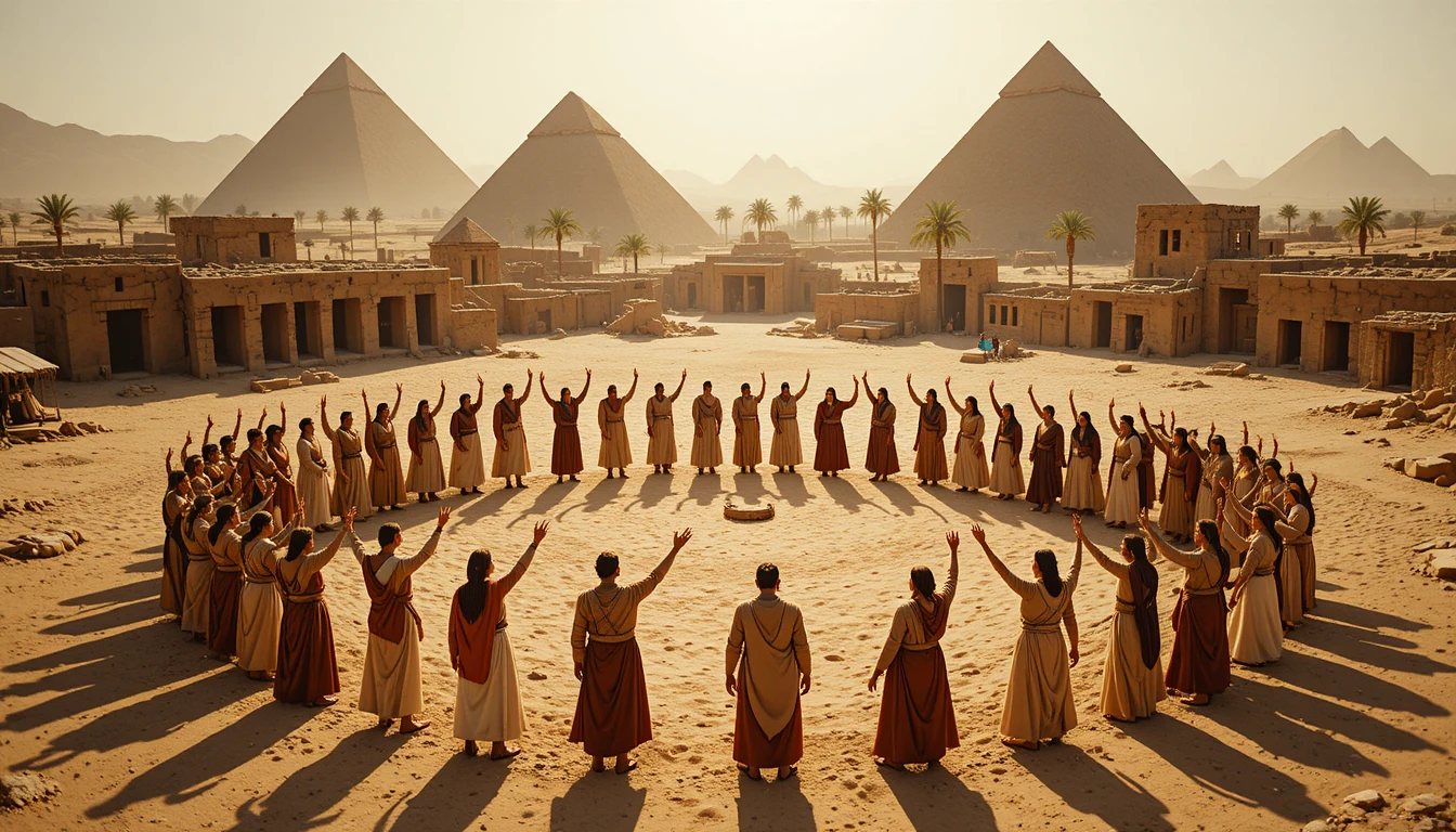 Ancient robed circle gathering in desert pyramid ruins