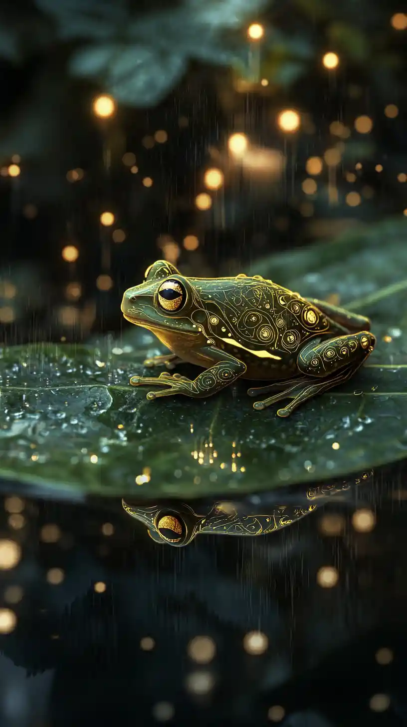 Tree frog resting on a vast leaf turned floating island
