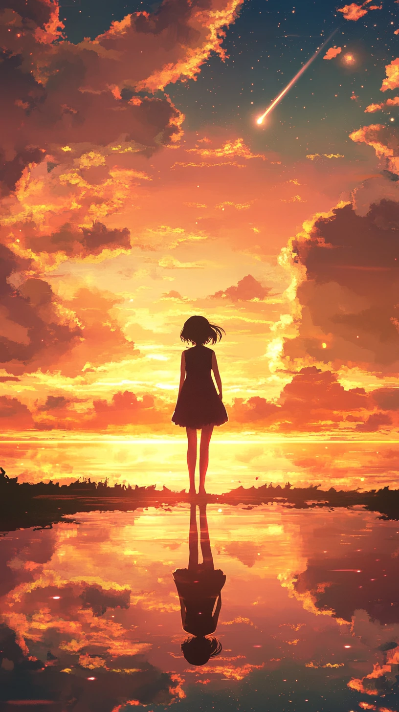 Joven mujer al atardecer junto a una costa tranquila