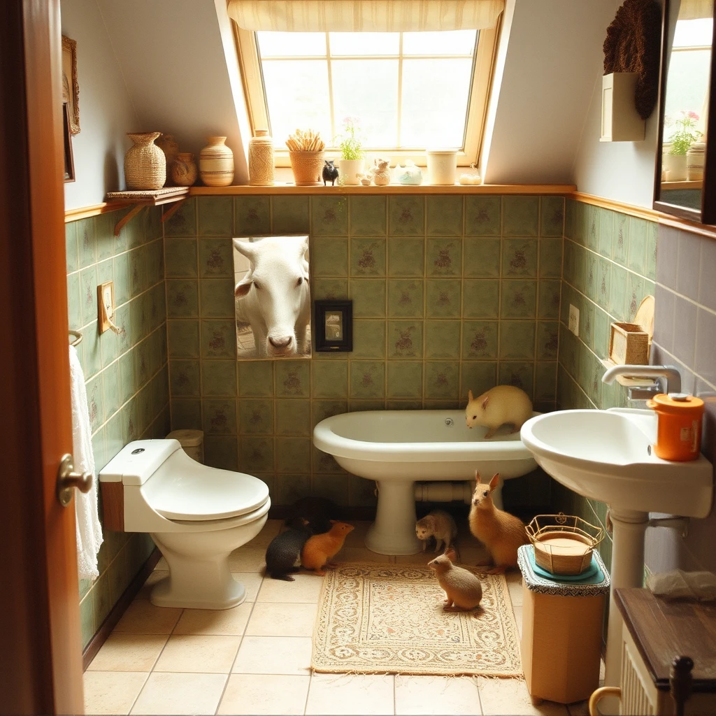 Young animals gathered in a busy family home bathroom