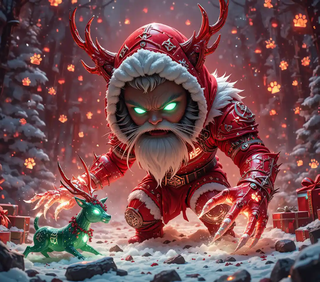 Crystal tabby cat warrior in rune covered santa armor