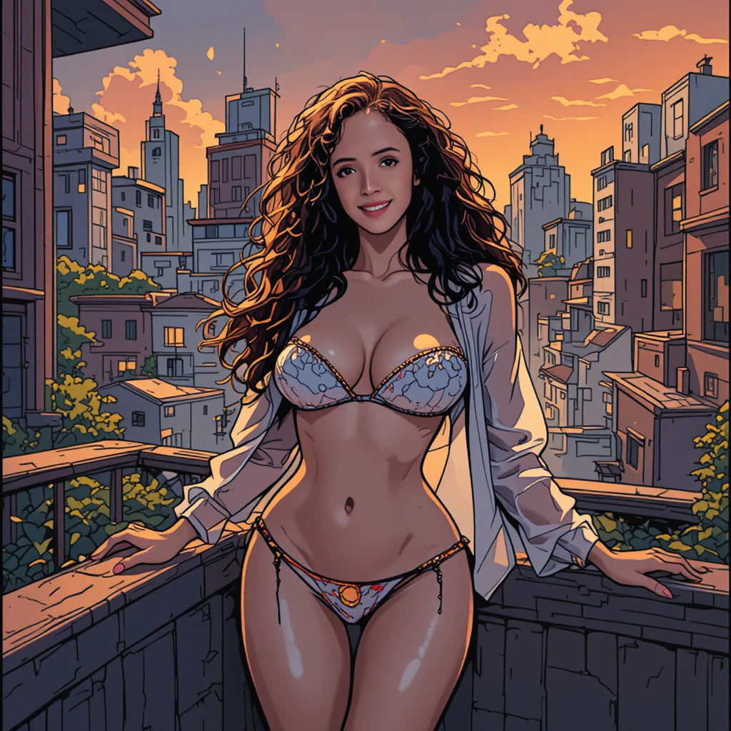 Curvy woman in bikini on city terrace comic illustration