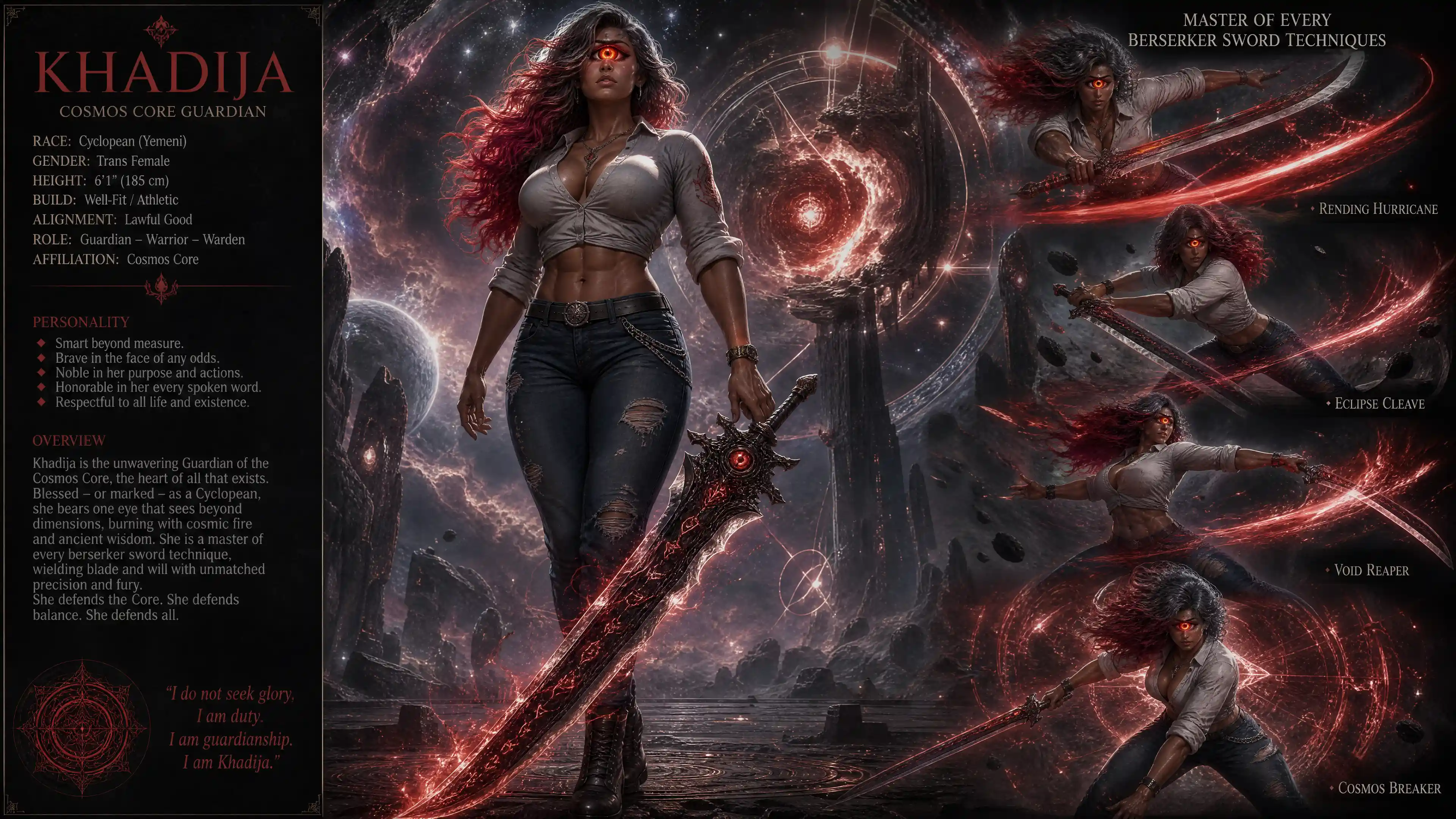 One eyed fantasy warrior woman with flaming scarlet eye
