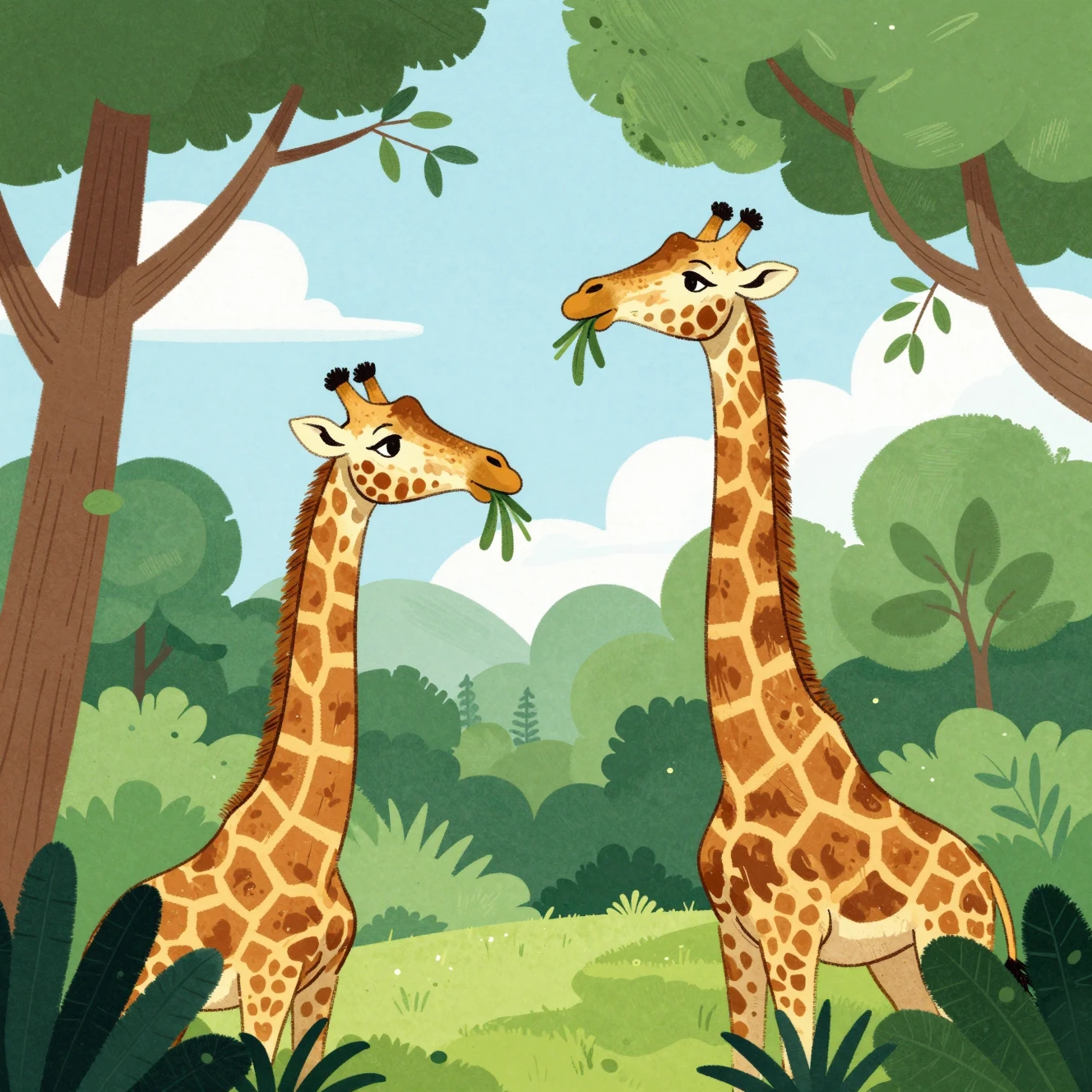 Two giraffes eating leaves above lush tropical treetops