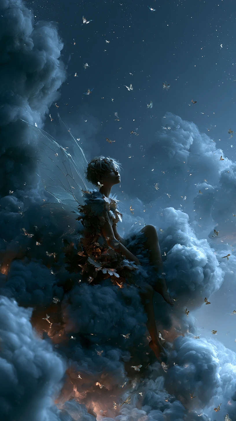 Ethereal fairy girl under a starry sky with butterflies