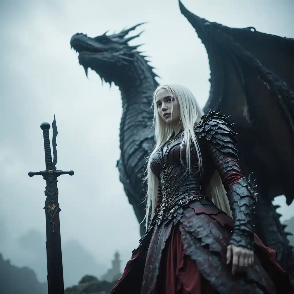 Pale armored woman and dragon in somber low angle fantasy