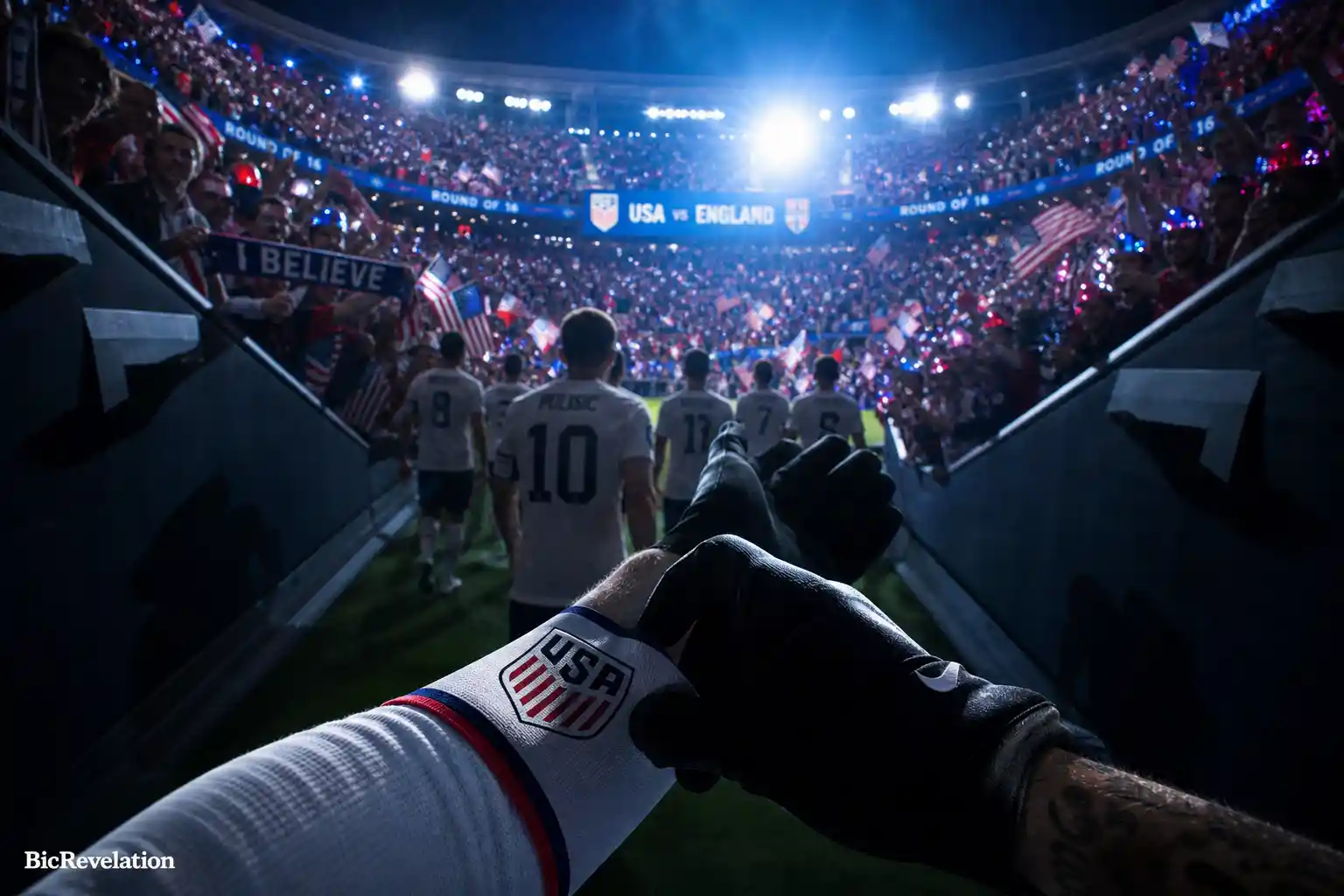 POV nel tunnel dello stadio verso la muraglia di tifosi americani in delirio