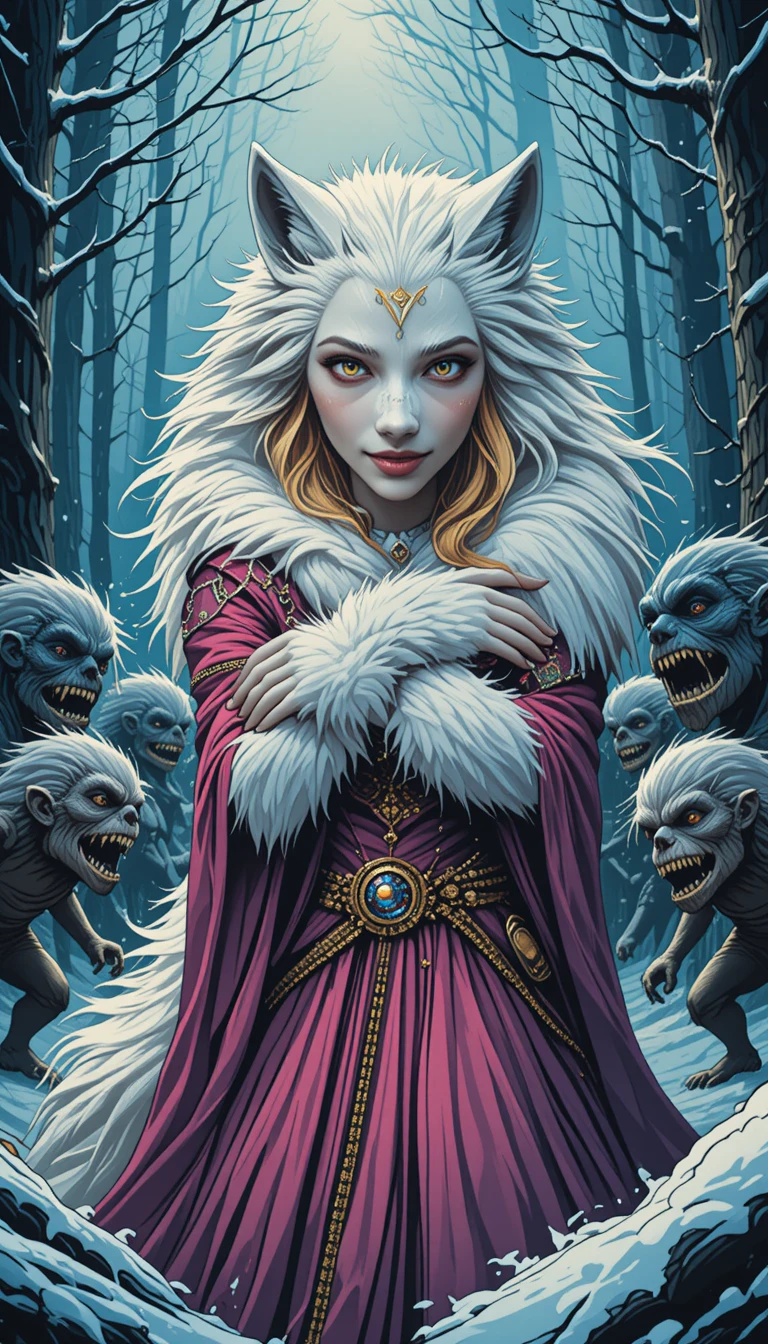 Steampunk princess sheltering with dire wolf in snowy forest