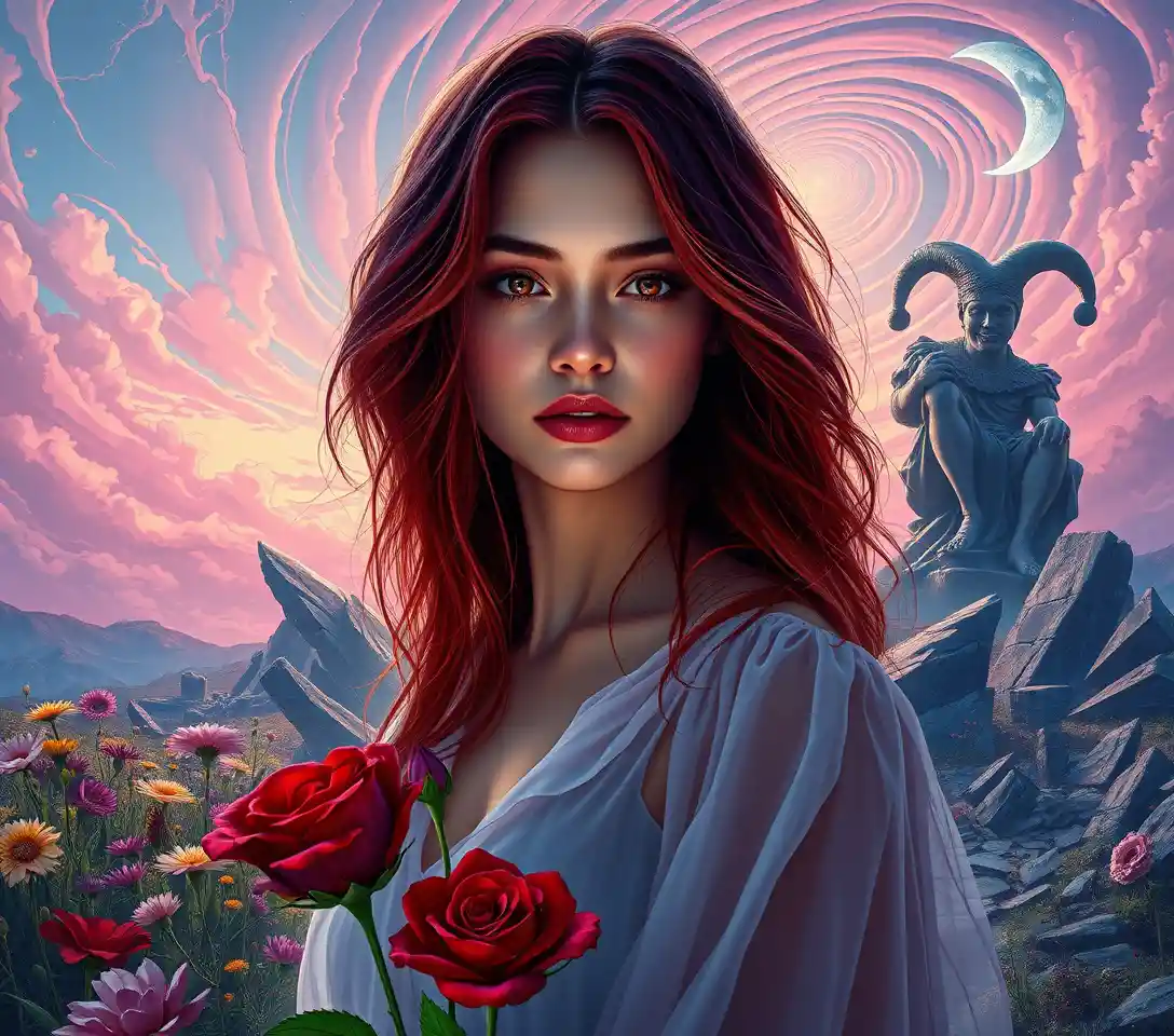 Surreal red haired woman in a dreamlike mystical landscape