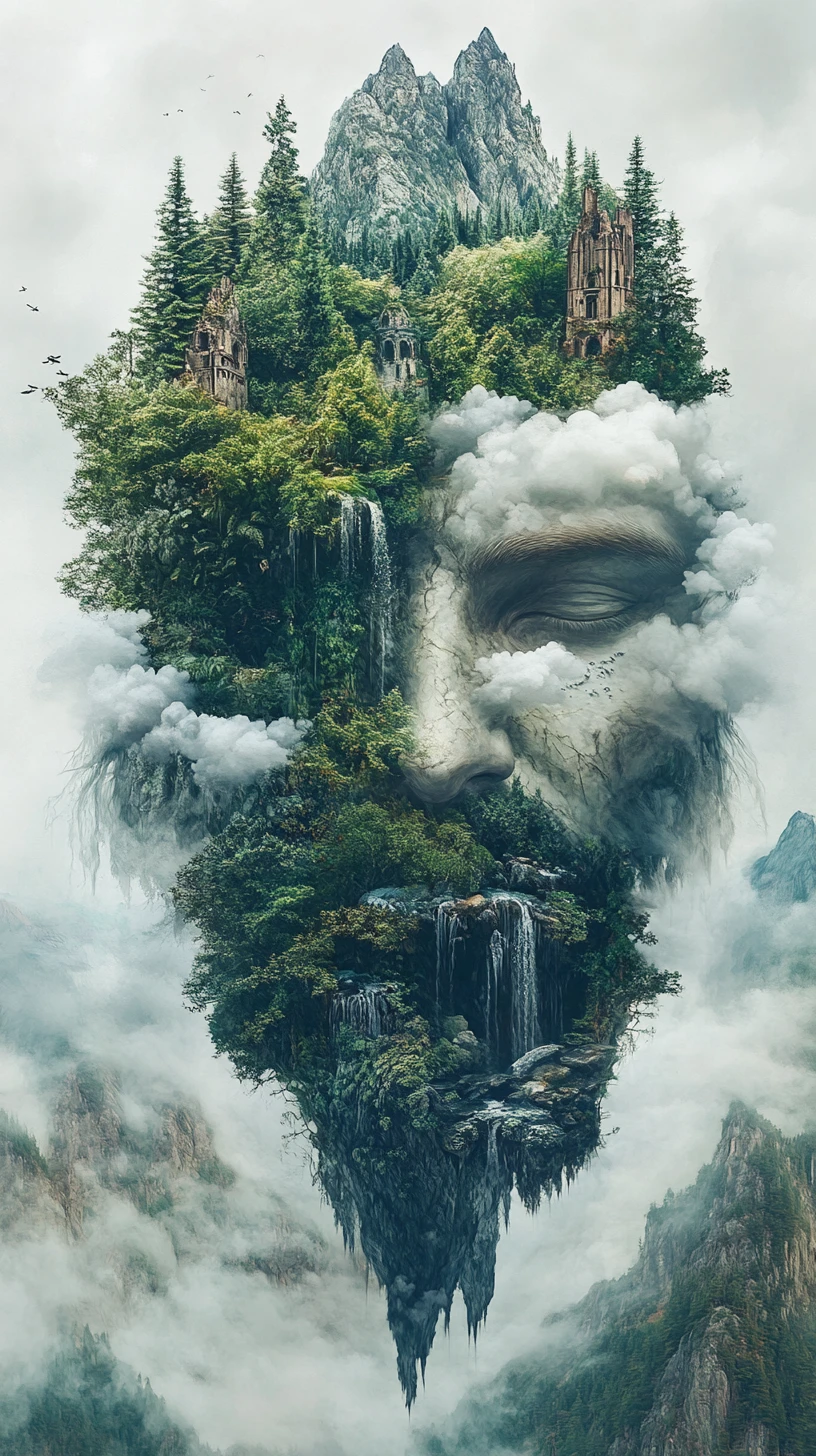 Gigante de montaña surrealista formado por bosques y ríos