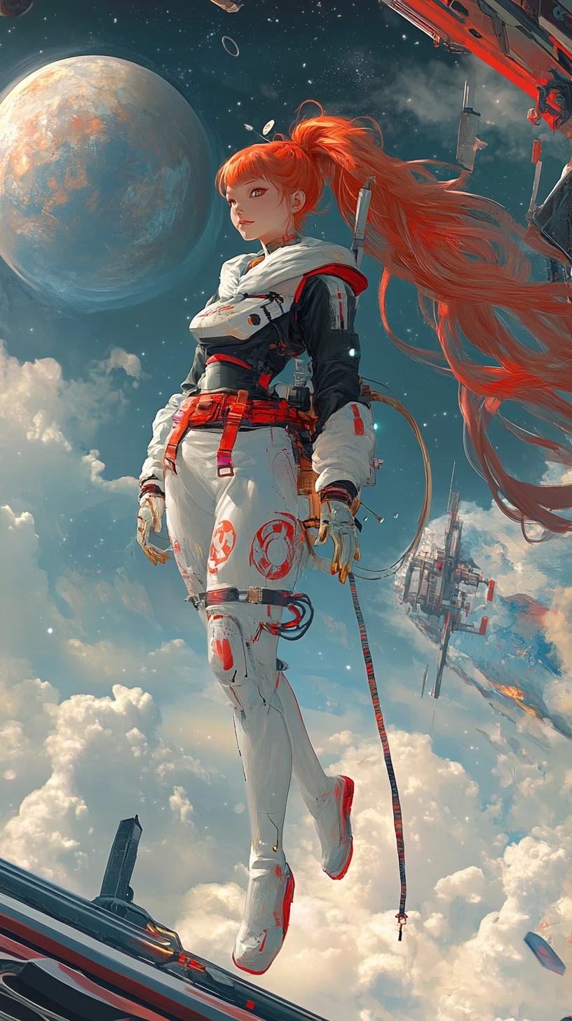 Anime girl floating in a futuristic spacesuit above space station
