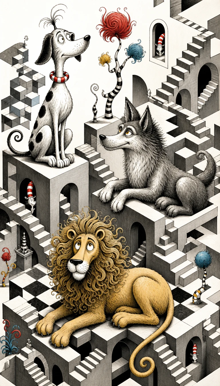Surreal digital illustration of fantastical animal forms