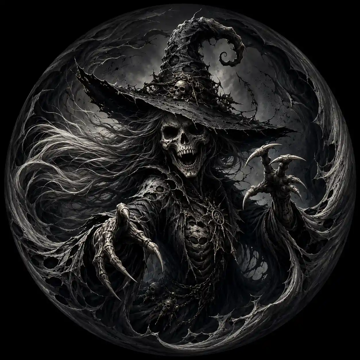 Macabre skeletal witch in swirling dark circular vortex