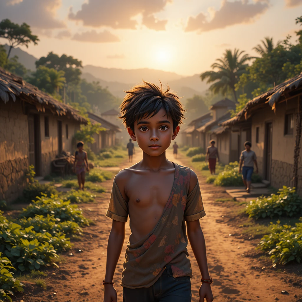 Indian boy walking through a sunrise village path