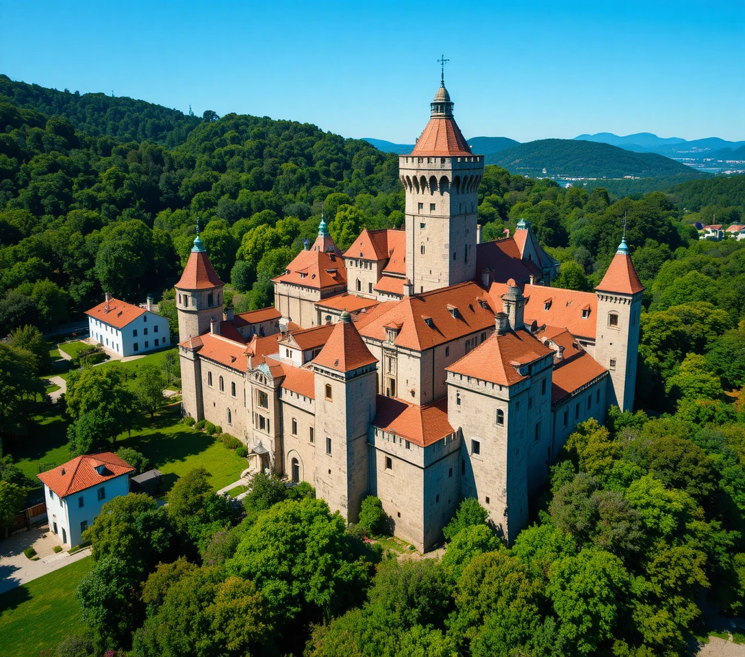 Aerial view of historic castle surrounded by green hills