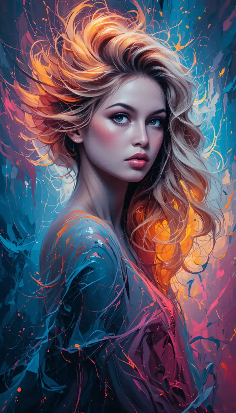 Expressive portrait of a radiant blonde woman in swirling color