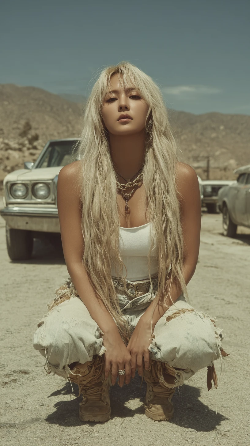 Mujer coreana rubia y fashion junto a coche vintage bajo el sol del desierto