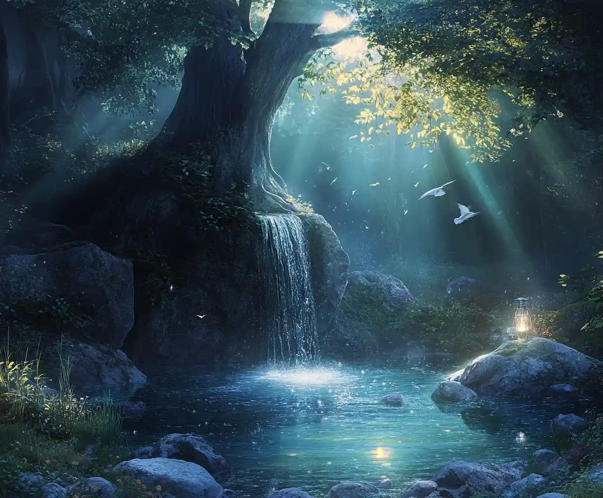 Mystical forest spring with clear water and soft lantern light