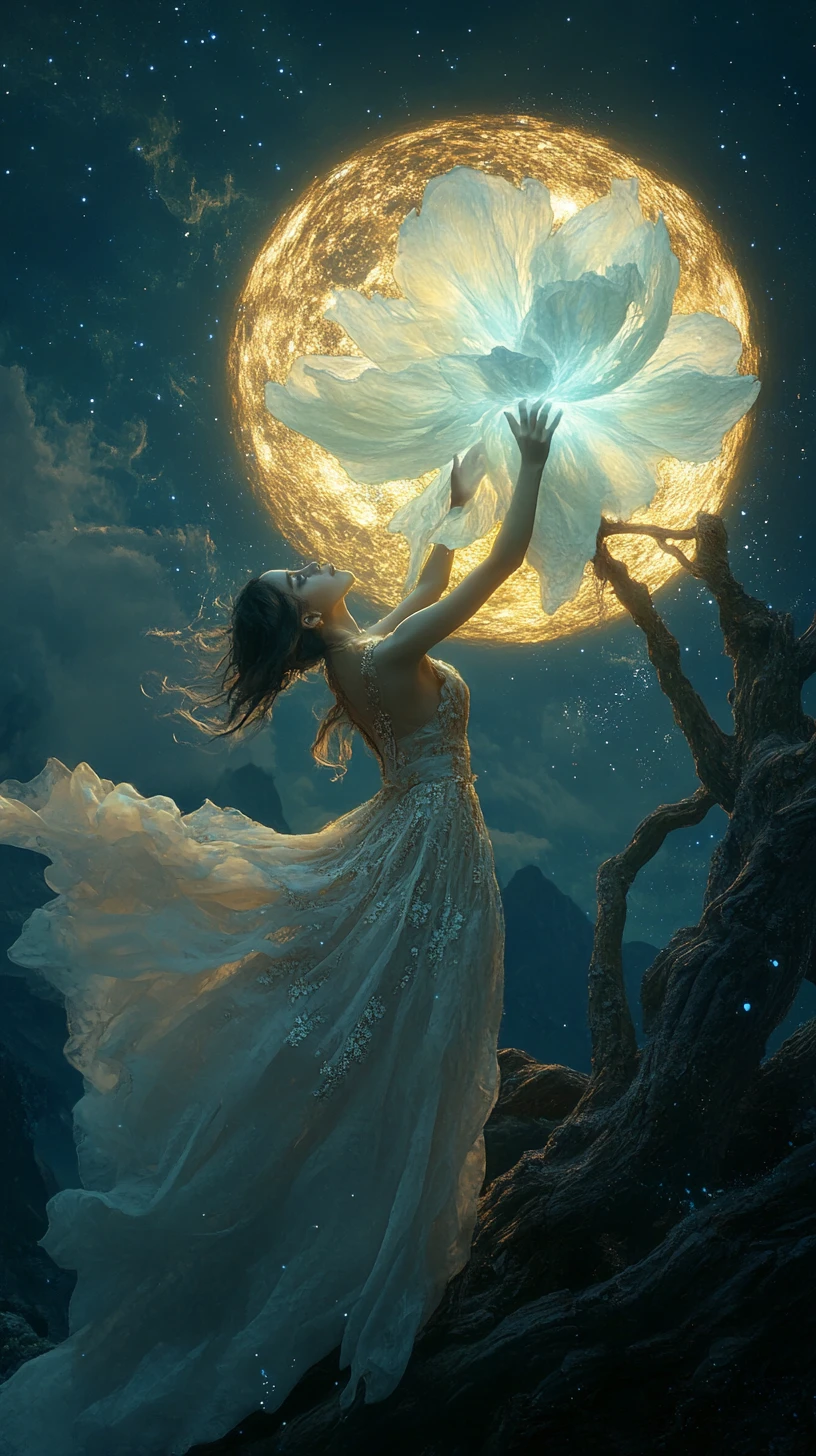 Ethereal woman touching a glowing flower beneath full moon