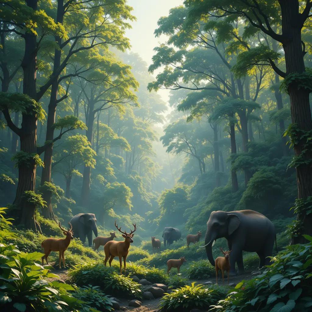 Peaceful wildlife in a lush green forest at sunrise
