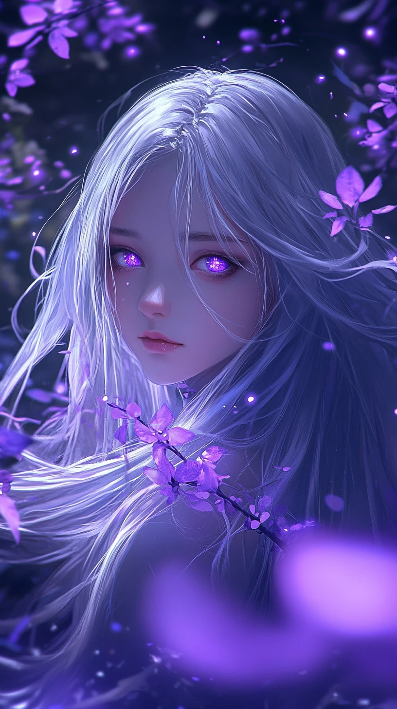 Anime girl in glowing purple vines in a dark forest