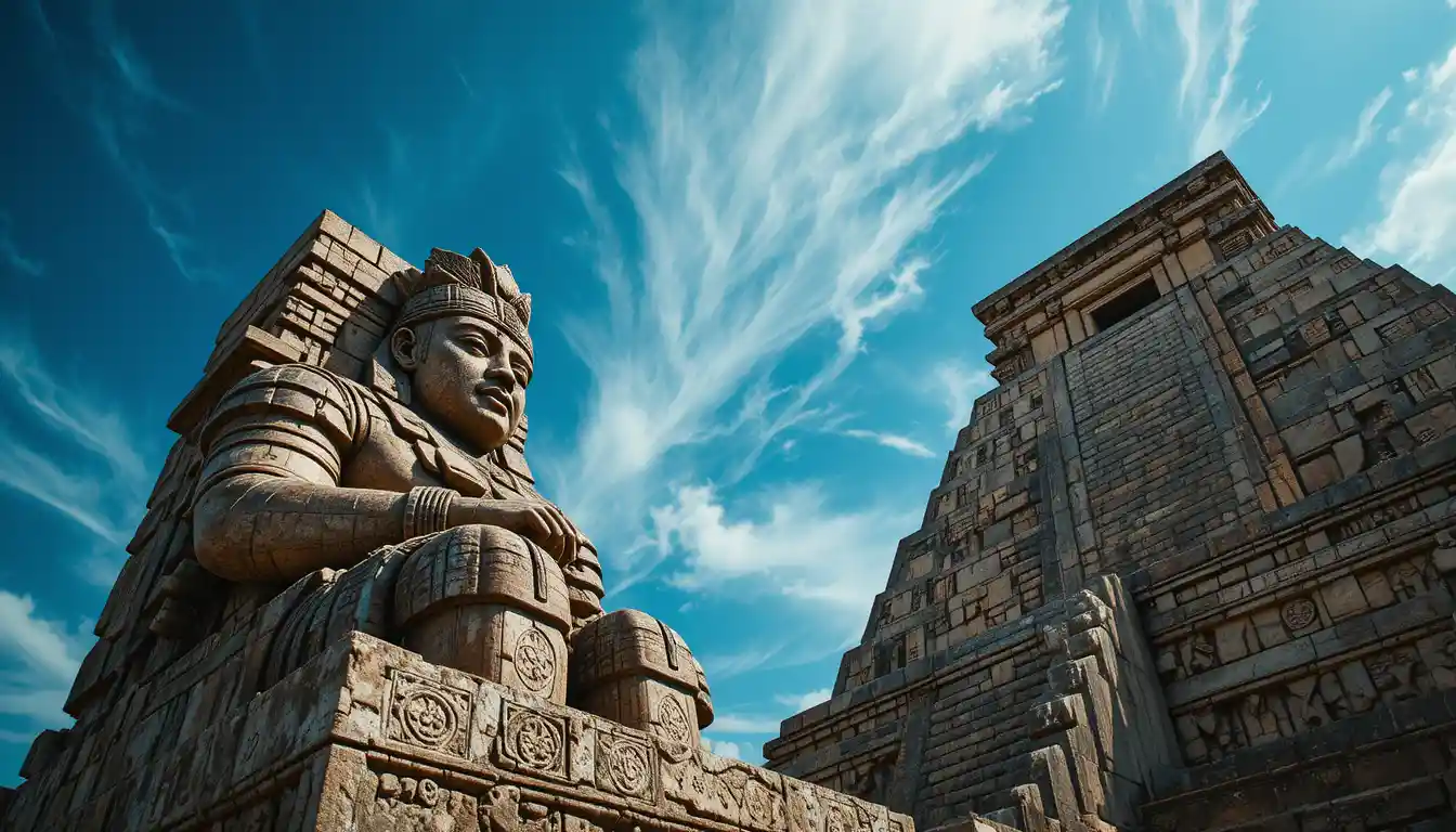 Mayan stone monument beneath a dramatic cloudy blue sky