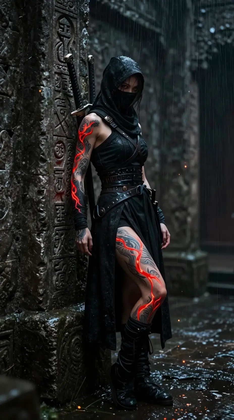Masked female warrior assassin in ancient stone corridor