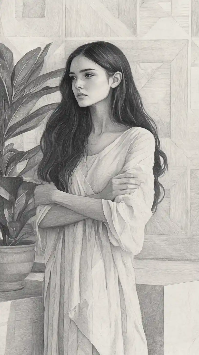 Young woman in flowing dress beside plant in sketch
