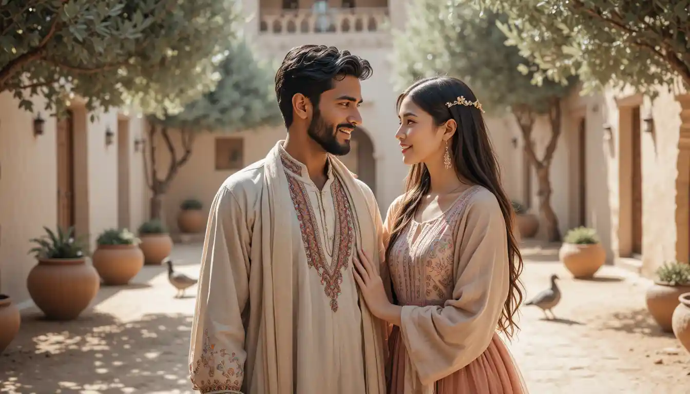 Kabyle newlywed couple standing in a sunlit rural courtyard