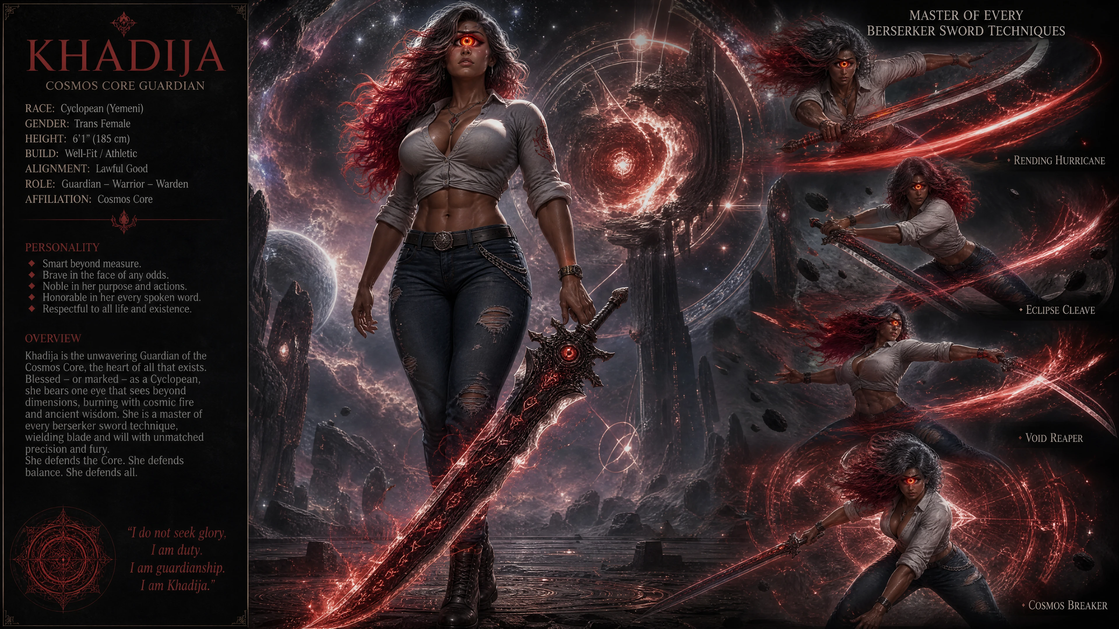 One eyed fantasy warrior woman with flaming scarlet eye