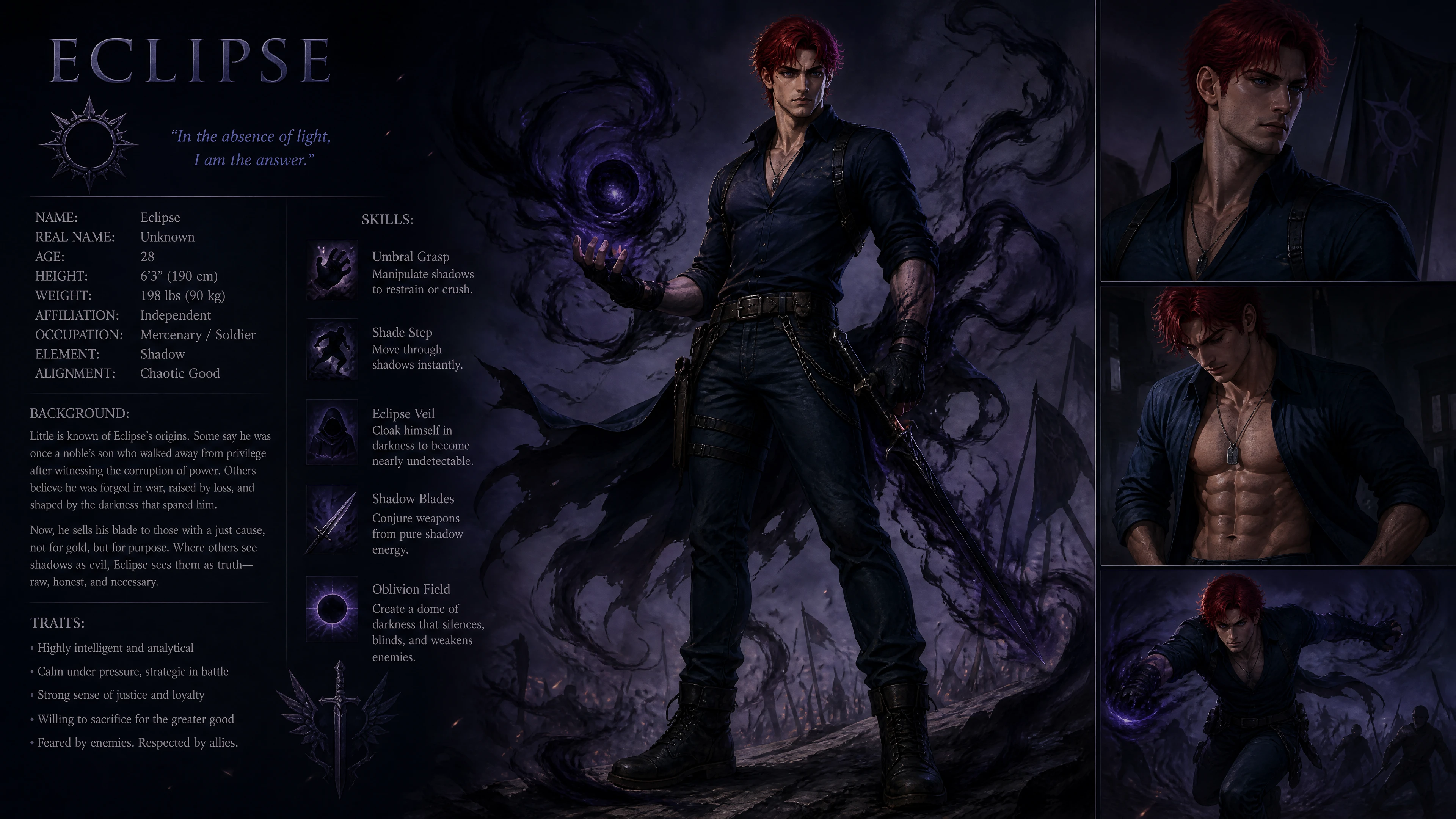Red haired warrior man with shadow magic in casual clothes