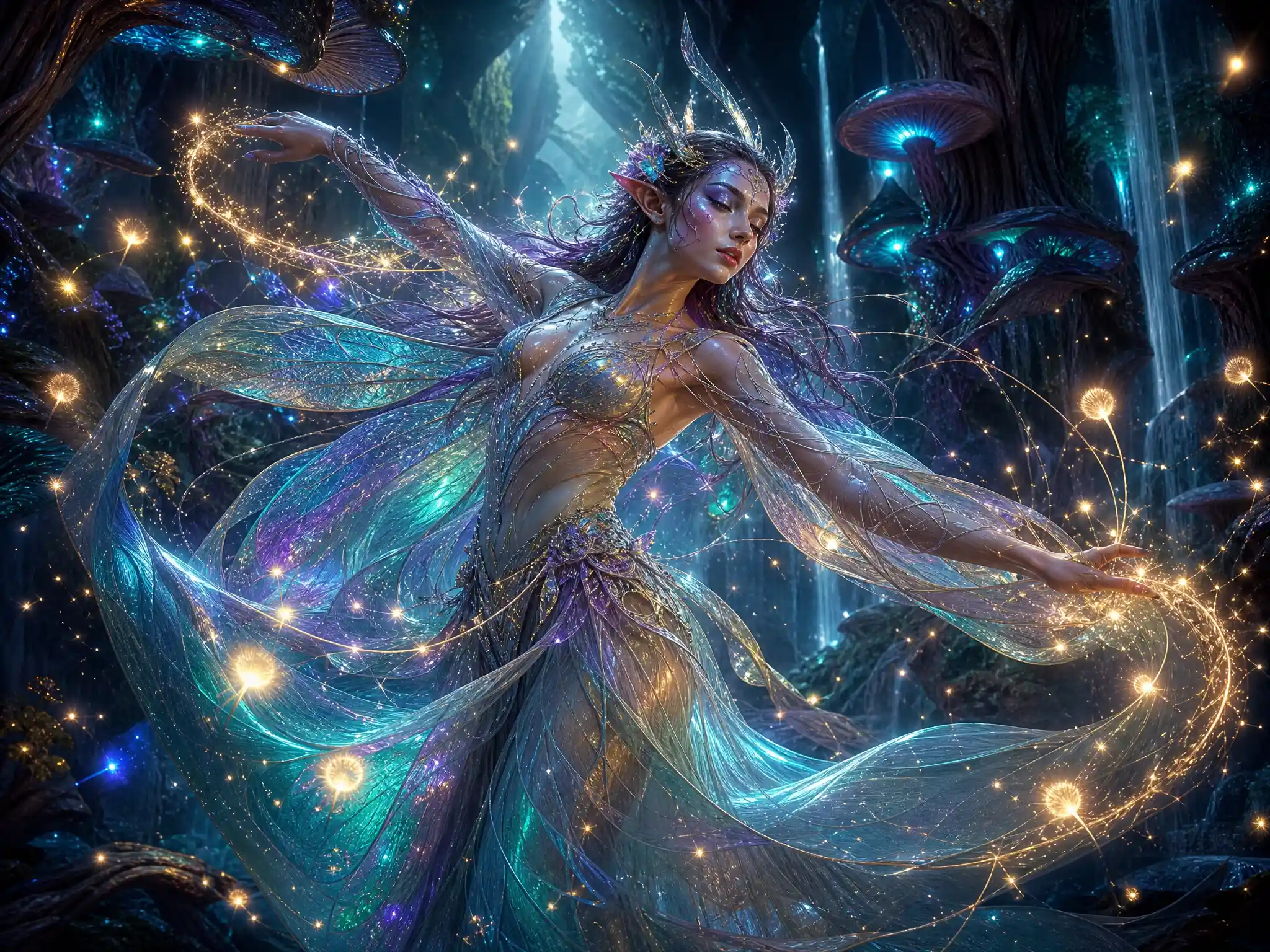 Celestial woodland elf dancing in a glowing enchanted forest