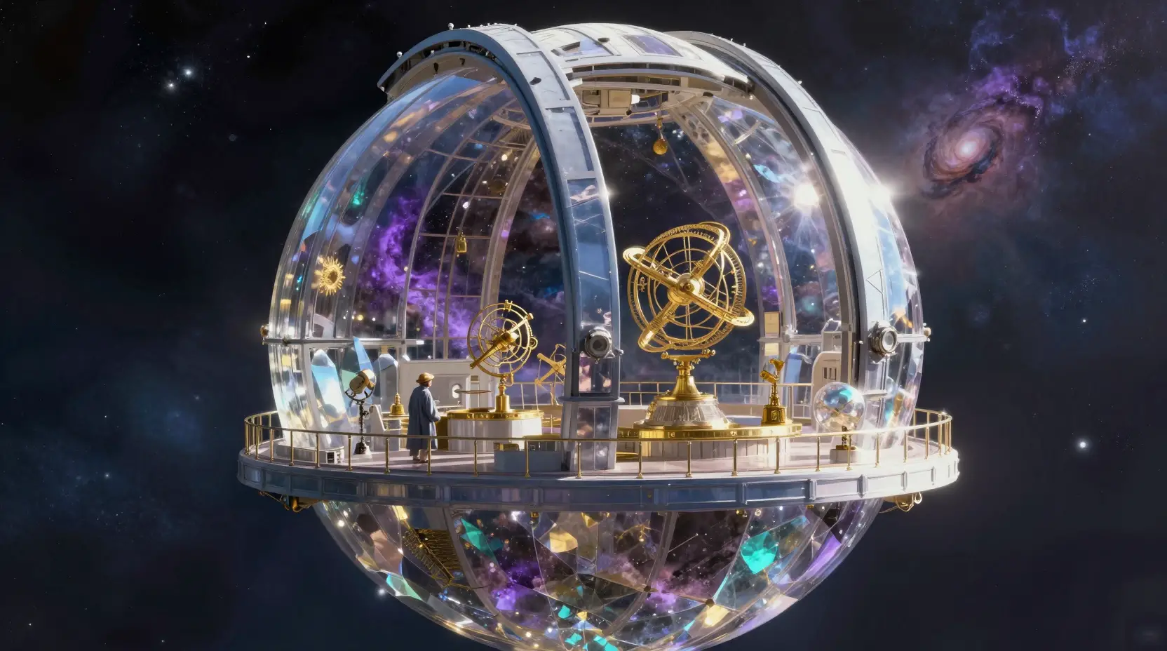 Crystal space observatory with astronomer and cosmic nebulae