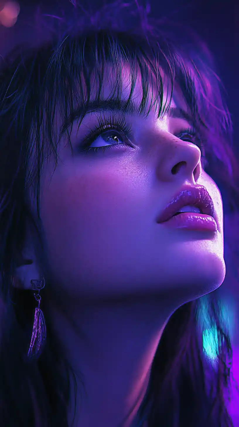 Dreamy neon portrait of a young woman looking upward