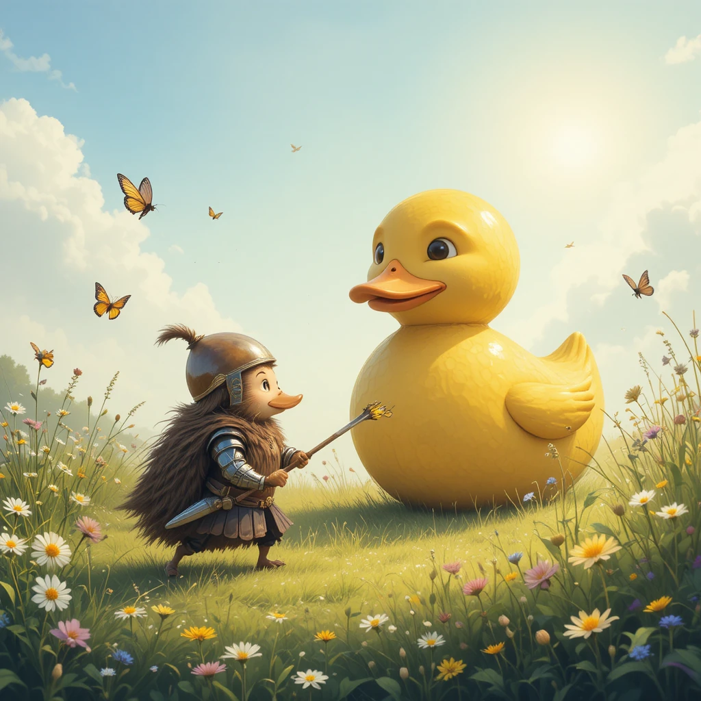 Hedgehog Knight Charging A Giant Rubber Duck In Meadow