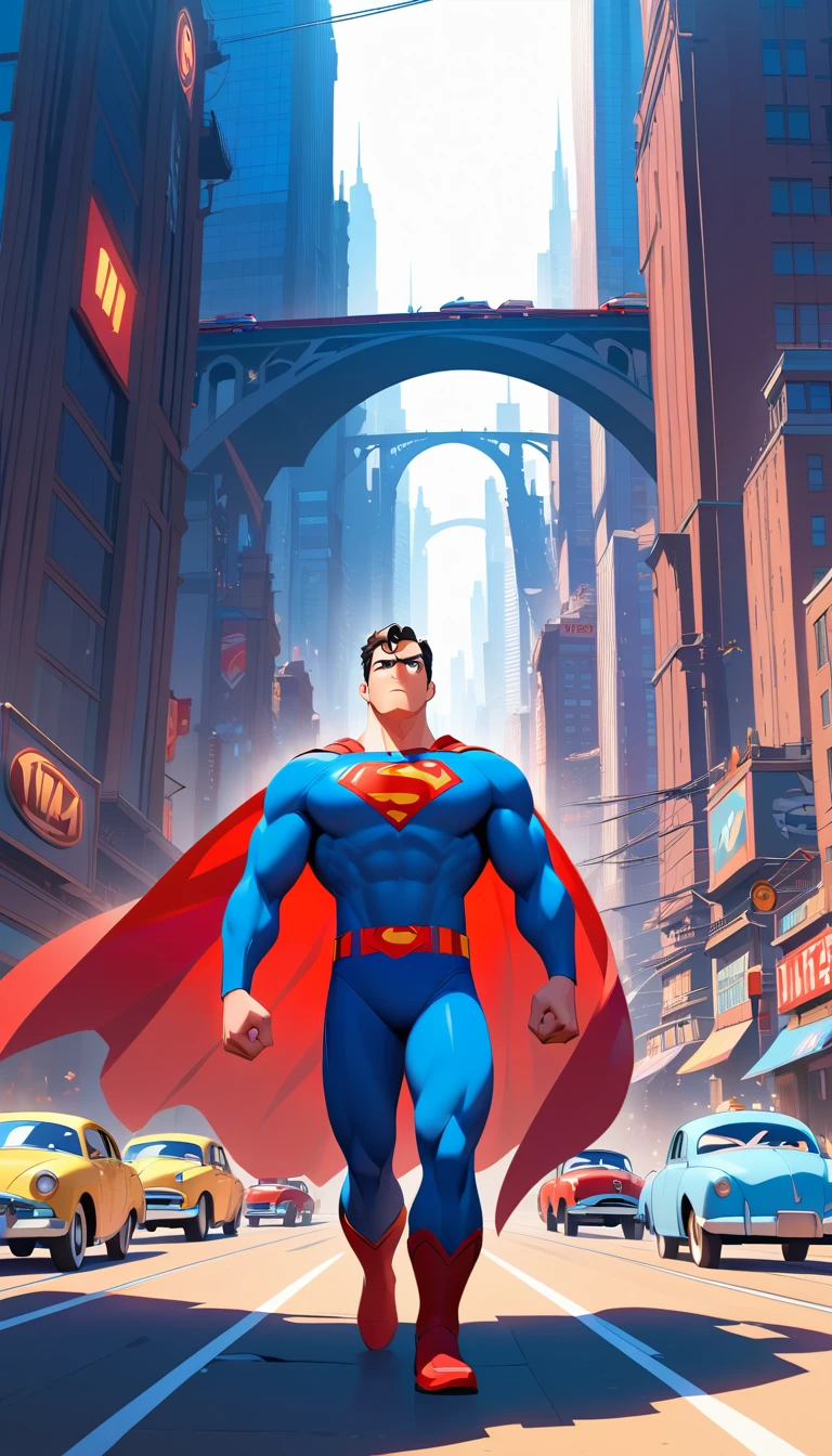Superhero turns toward collapsing bridge in bright city scene