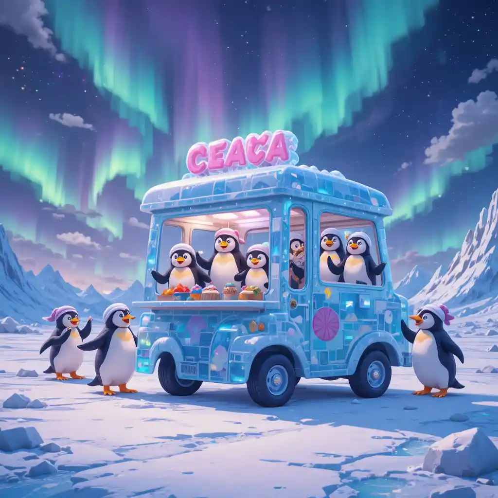 Playful penguins running a magical ice cream truck